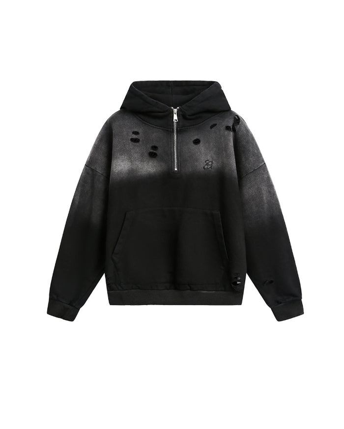 B Ripped Semi Zip-Up Hoodie