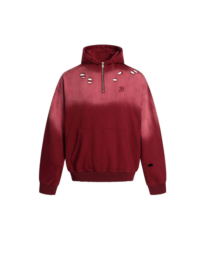 B Ripped Semi Zip-Up Hoodie