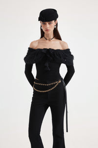 Black Knitted Lace Off-The-Shoulder Top