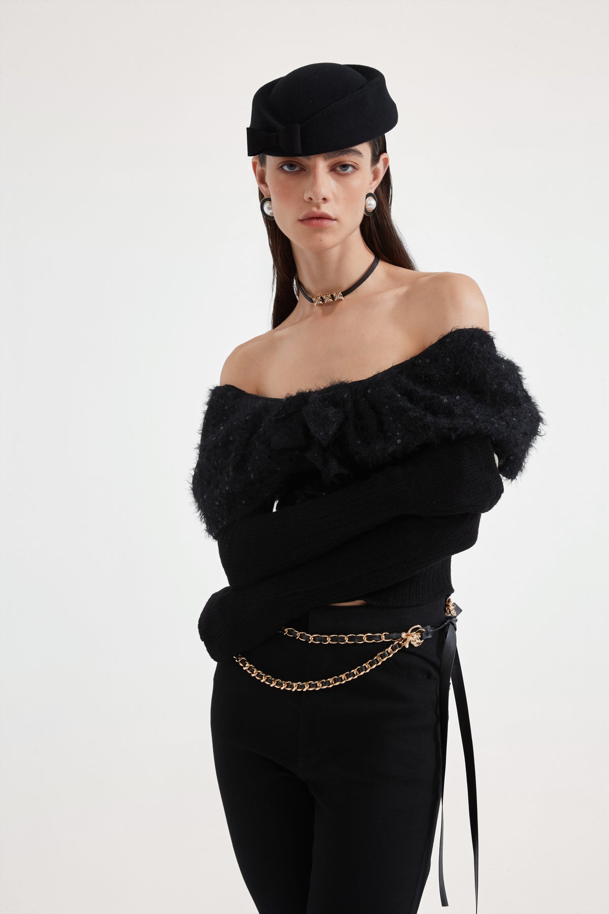 Black Knitted Lace Off-The-Shoulder Top