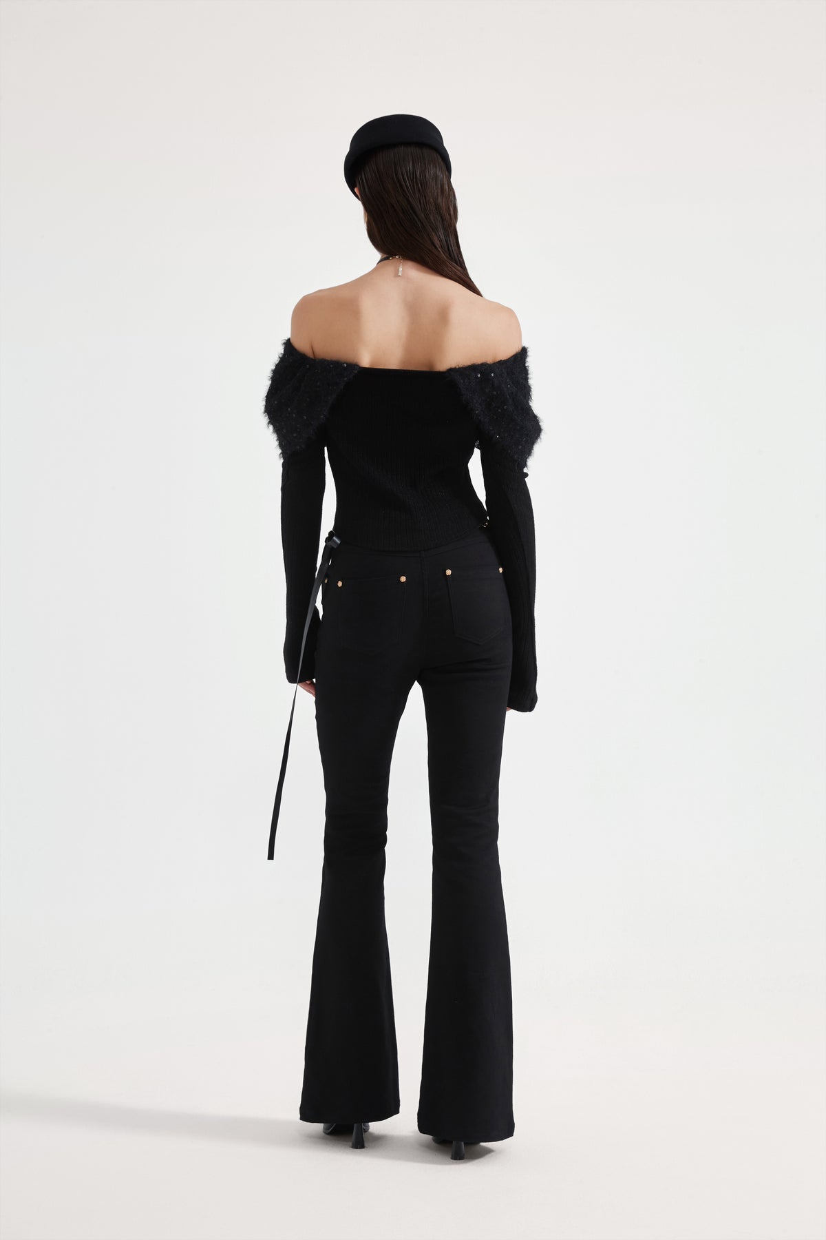 Black Knitted Lace Off-The-Shoulder Top