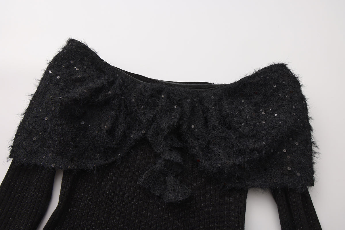 Black Knitted Lace Off-The-Shoulder Top