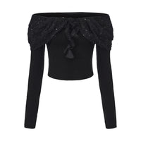 Black Knitted Lace Off-The-Shoulder Top