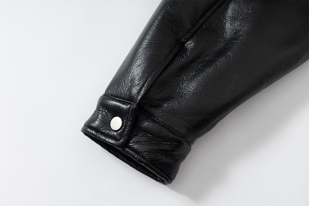 Fleeced Faux Leather Hooded Zip-Up Funnel Jacket