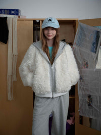 White Fleece Fur Hooded Zip Up Jackets