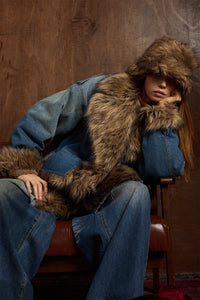Faux Fur Dropped Shoulder Denim Coat