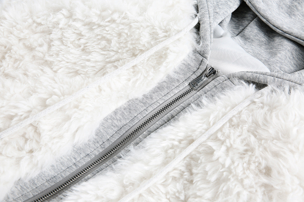 White Fleece Fur Hooded Zip Up Jackets