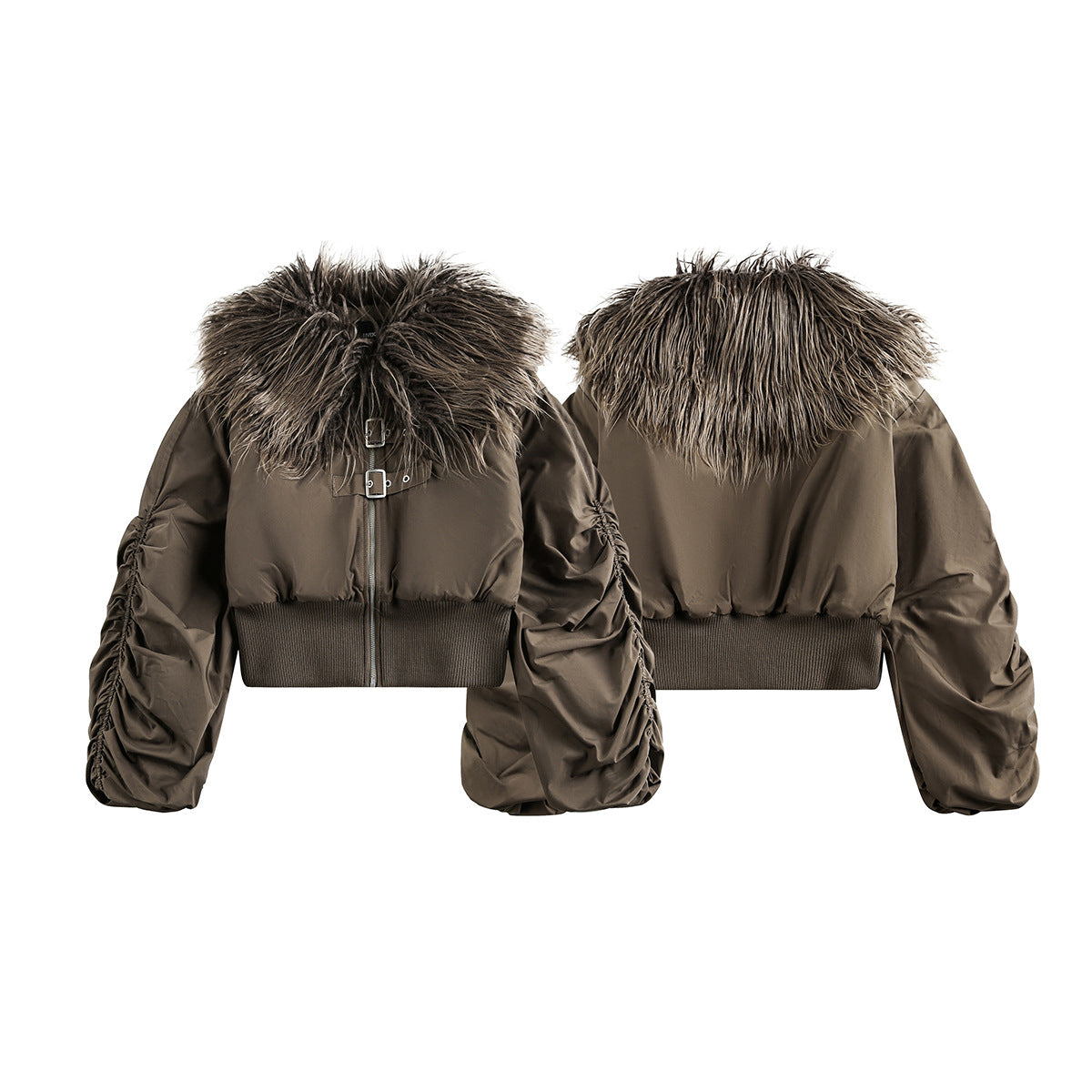 Brown Faux Fur Cropped Zip-Up Bomber