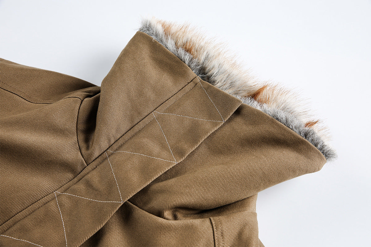 Brown Faux Fur Cropped Funnel Jacakets