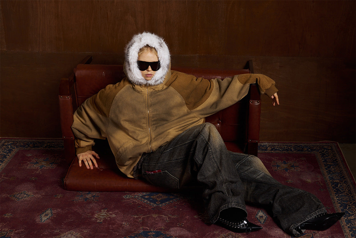 Patched Faux Fur Hooded Flight Zip-up Bomber