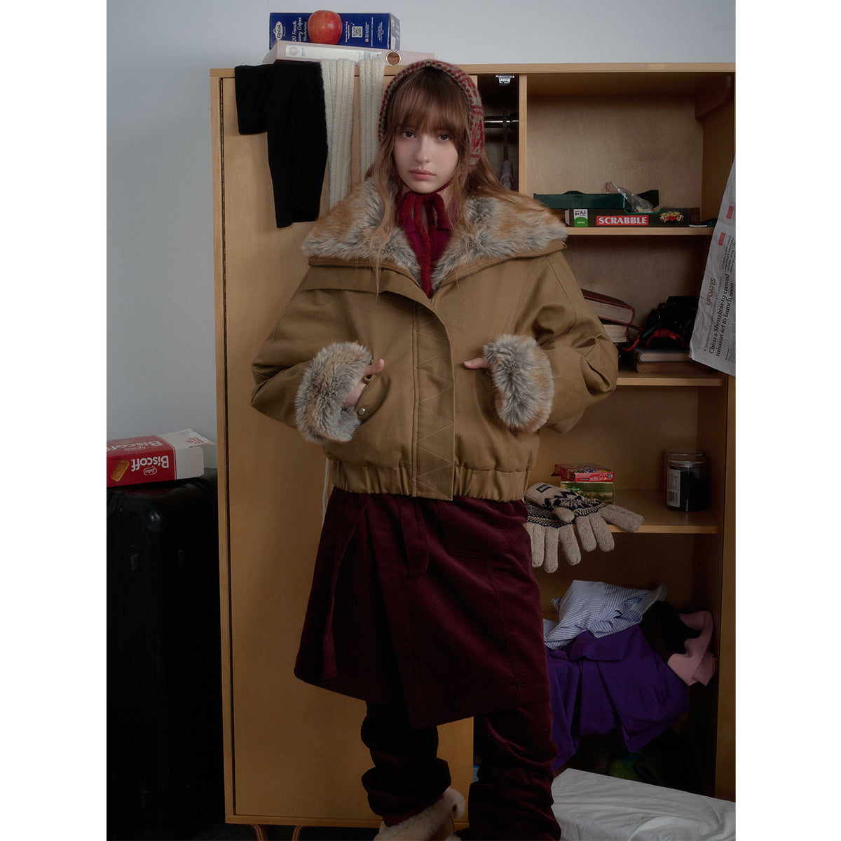 Brown Faux Fur Cropped Funnel Jacakets