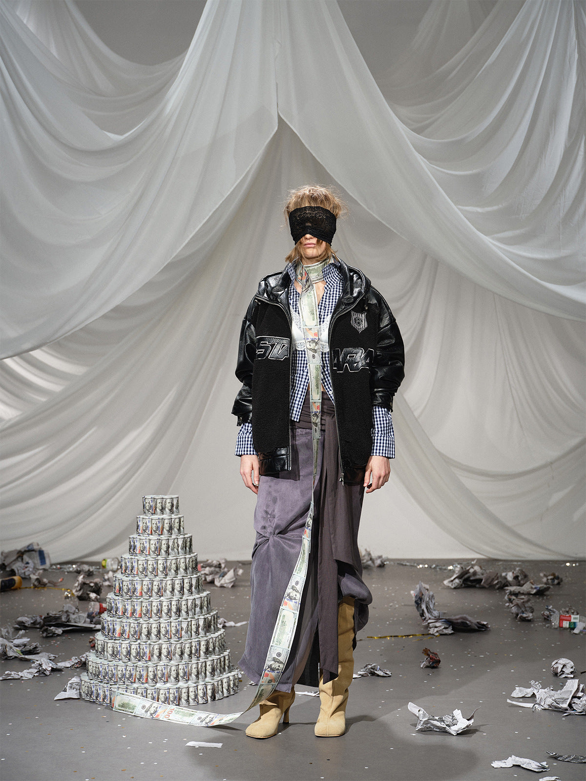 Fleeced Faux Leather Hooded Zip-Up Funnel Jacket