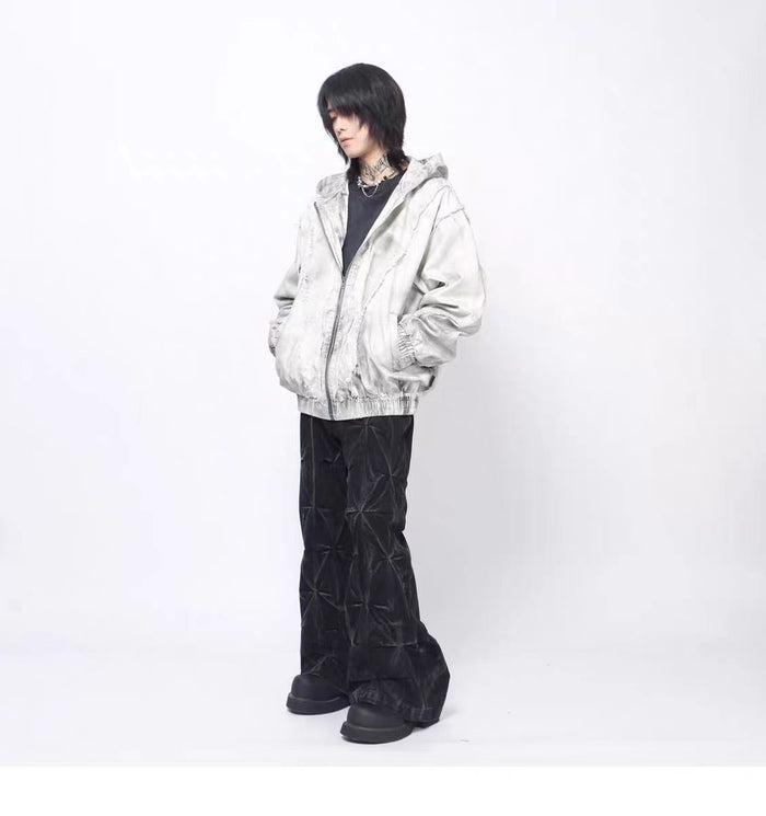 Grey Mess Distressed Zip-Up Hooded Jacket