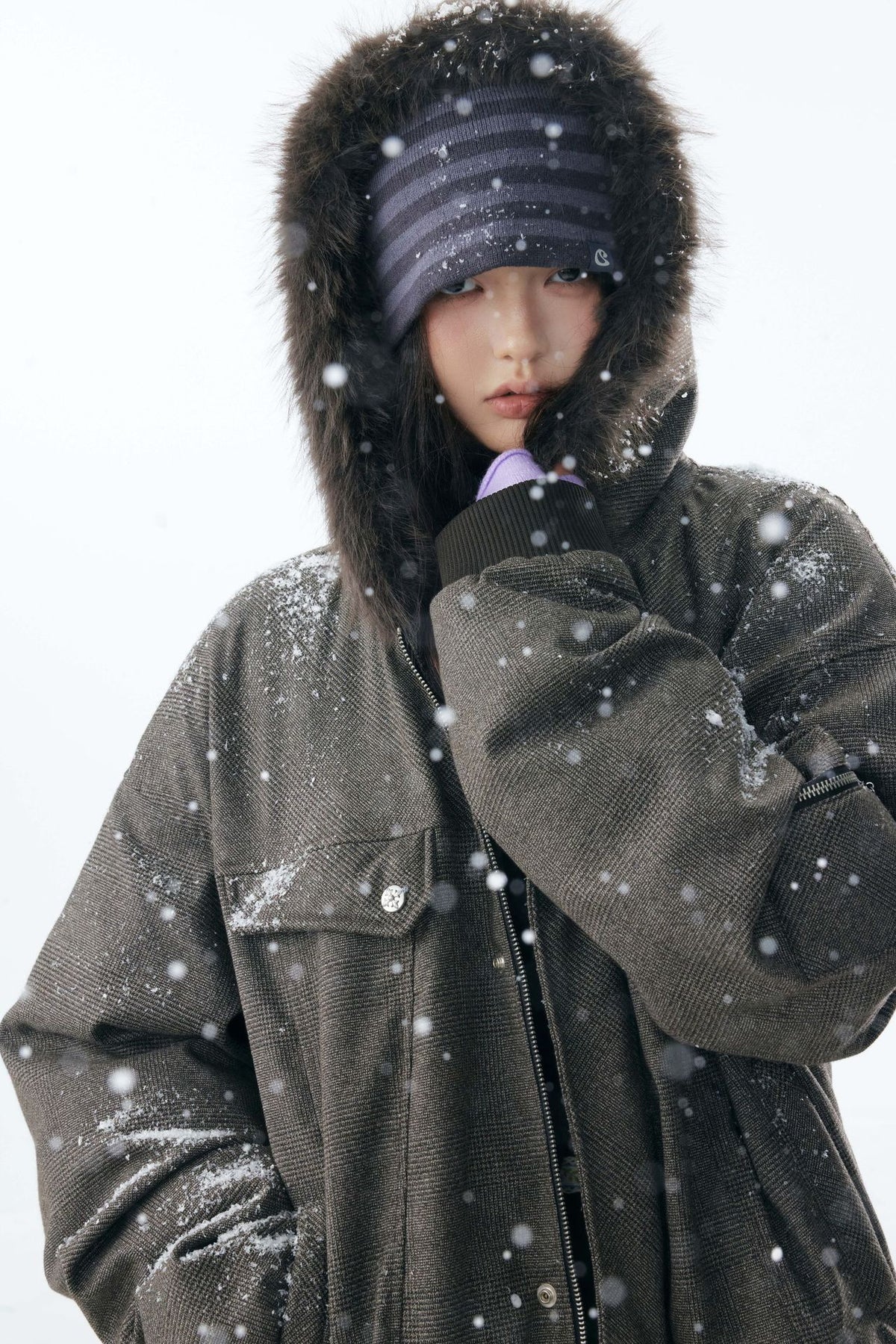 Grey Faux Fur Hooded Flight Jacket