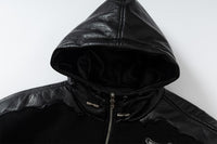 Fleeced Faux Leather Hooded Zip-Up Funnel Jacket