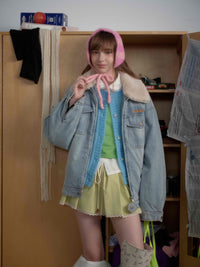 Miu Fleece Lapel Denim Jacket