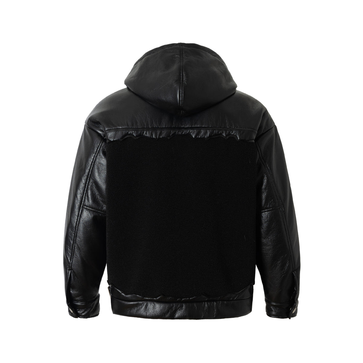 Fleeced Faux Leather Hooded Zip-Up Funnel Jacket
