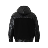 Fleeced Faux Leather Hooded Zip-Up Funnel Jacket
