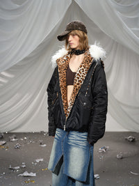Leopard Fleeced Faux Fur Hooded Flight Jackets