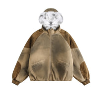 Patched Faux Fur Hooded Flight Zip-up Bomber