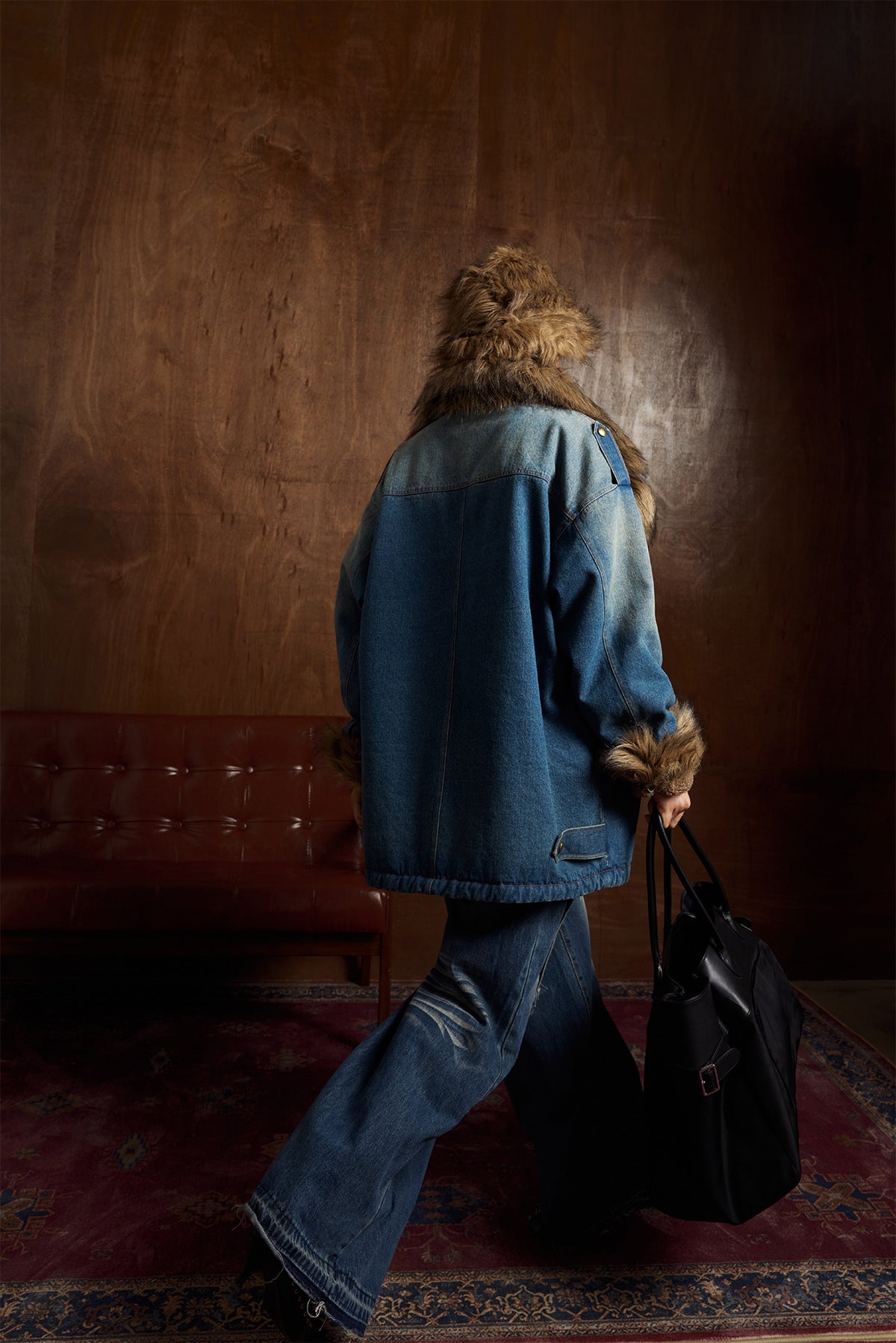 Faux Fur Dropped Shoulder Denim Coat