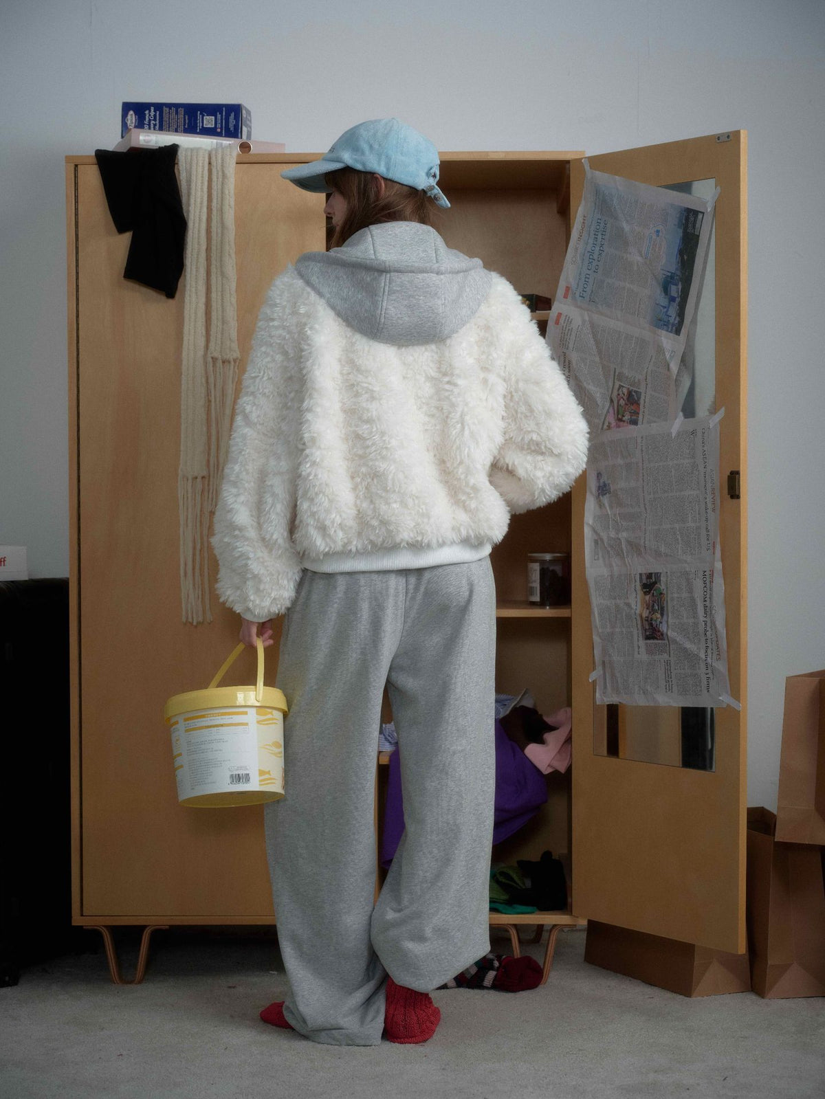 White Fleece Fur Hooded Zip Up Jackets