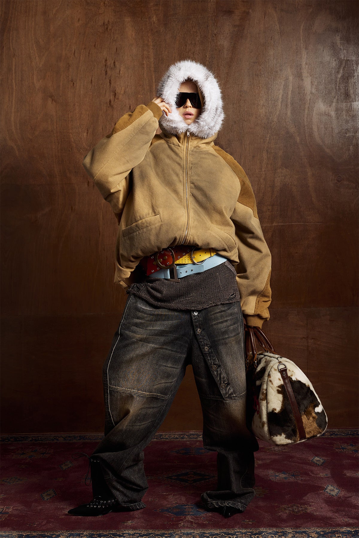 Patched Faux Fur Hooded Flight Zip-up Bomber