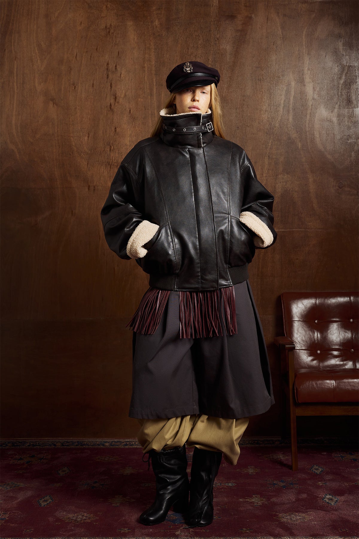 Oversize Fleece Lining Faux Leather Flight Bomber Jacket