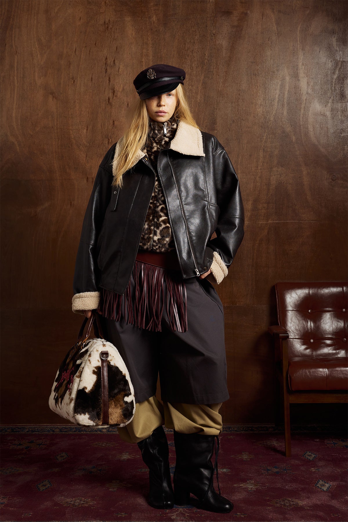 Oversize Fleece Lining Faux Leather Flight Bomber Jacket