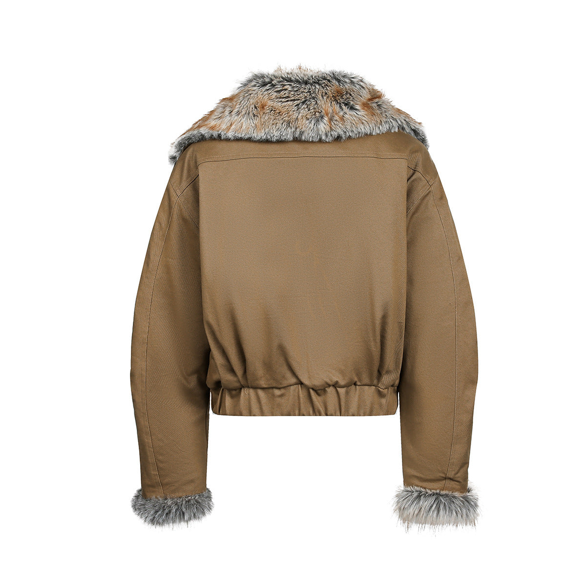Brown Faux Fur Cropped Funnel Jacakets