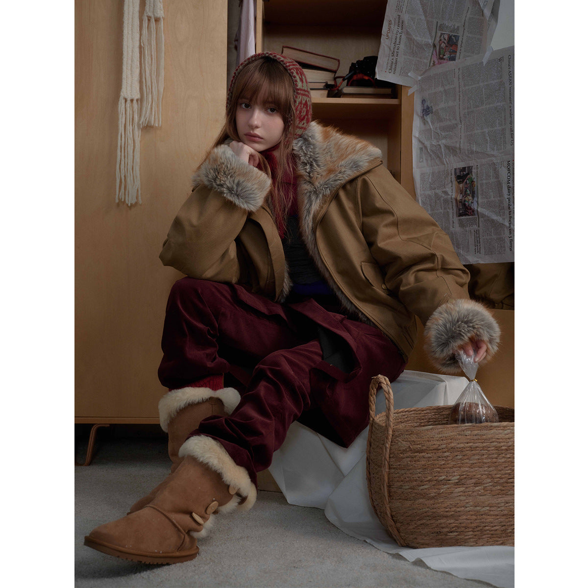 Brown Faux Fur Cropped Funnel Jacakets