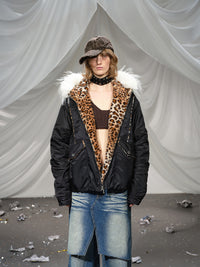 Leopard Fleeced Faux Fur Hooded Flight Jackets