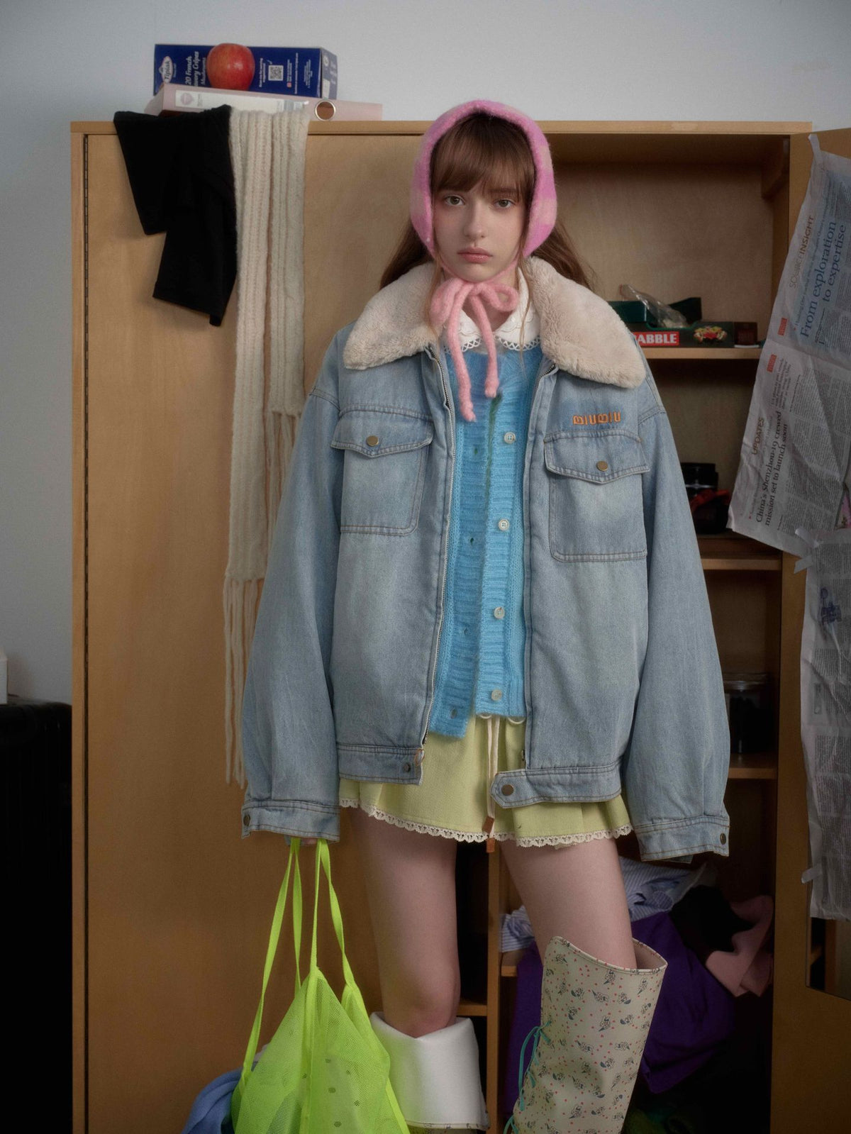 Miu Fleece Lapel Denim Jacket