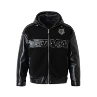 Fleeced Faux Leather Hooded Zip-Up Funnel Jacket