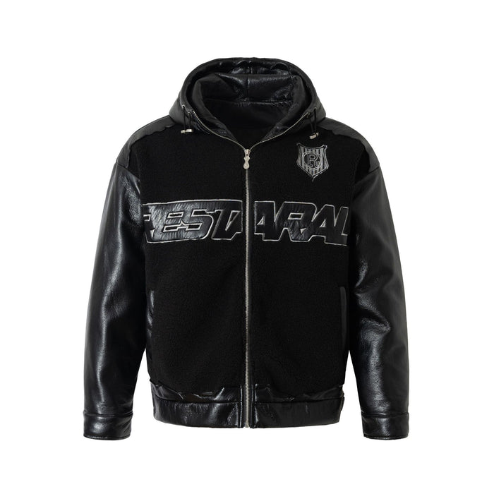 Fleeced Faux Leather Hooded Zip-Up Funnel Jacket