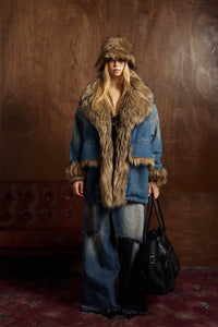 Faux Fur Dropped Shoulder Denim Coat