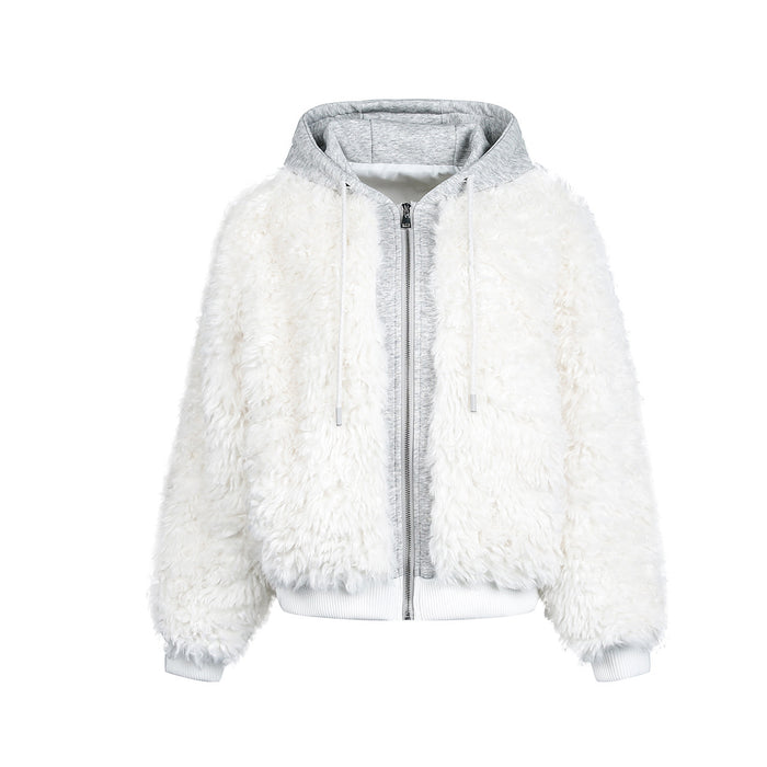 White Fleece Fur Hooded Zip Up Jackets