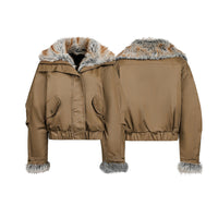 Brown Faux Fur Cropped Funnel Jacakets