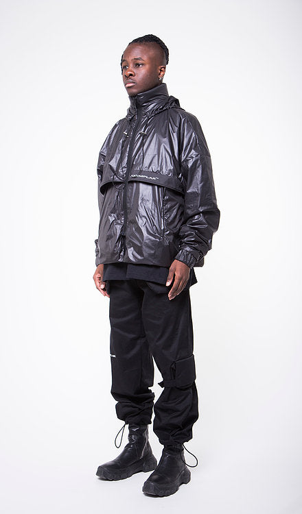 BLACK WAXED NYLON WINDBREAKER