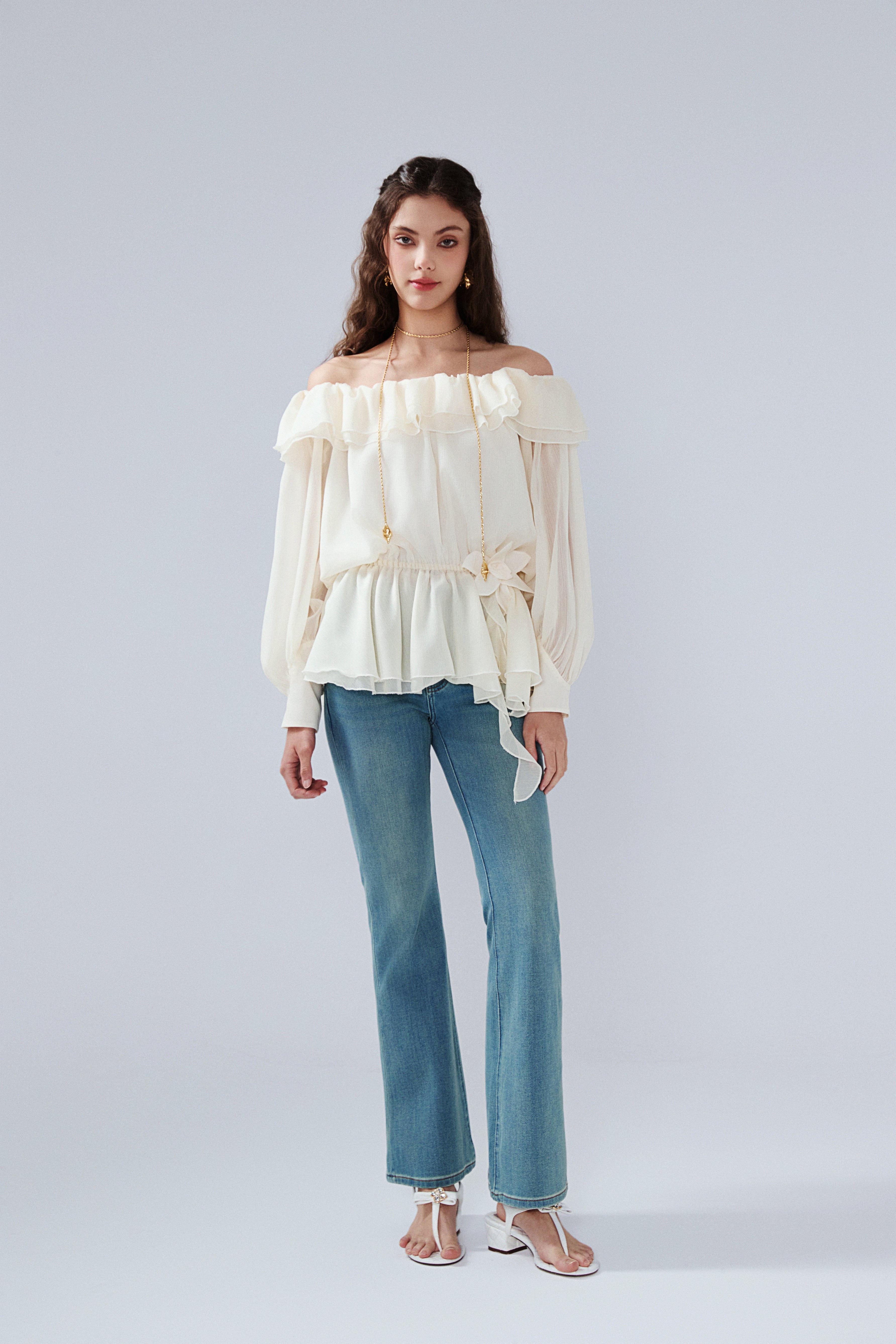 Yellow Shimmering Iris-Patterned Long-Sleeved Top