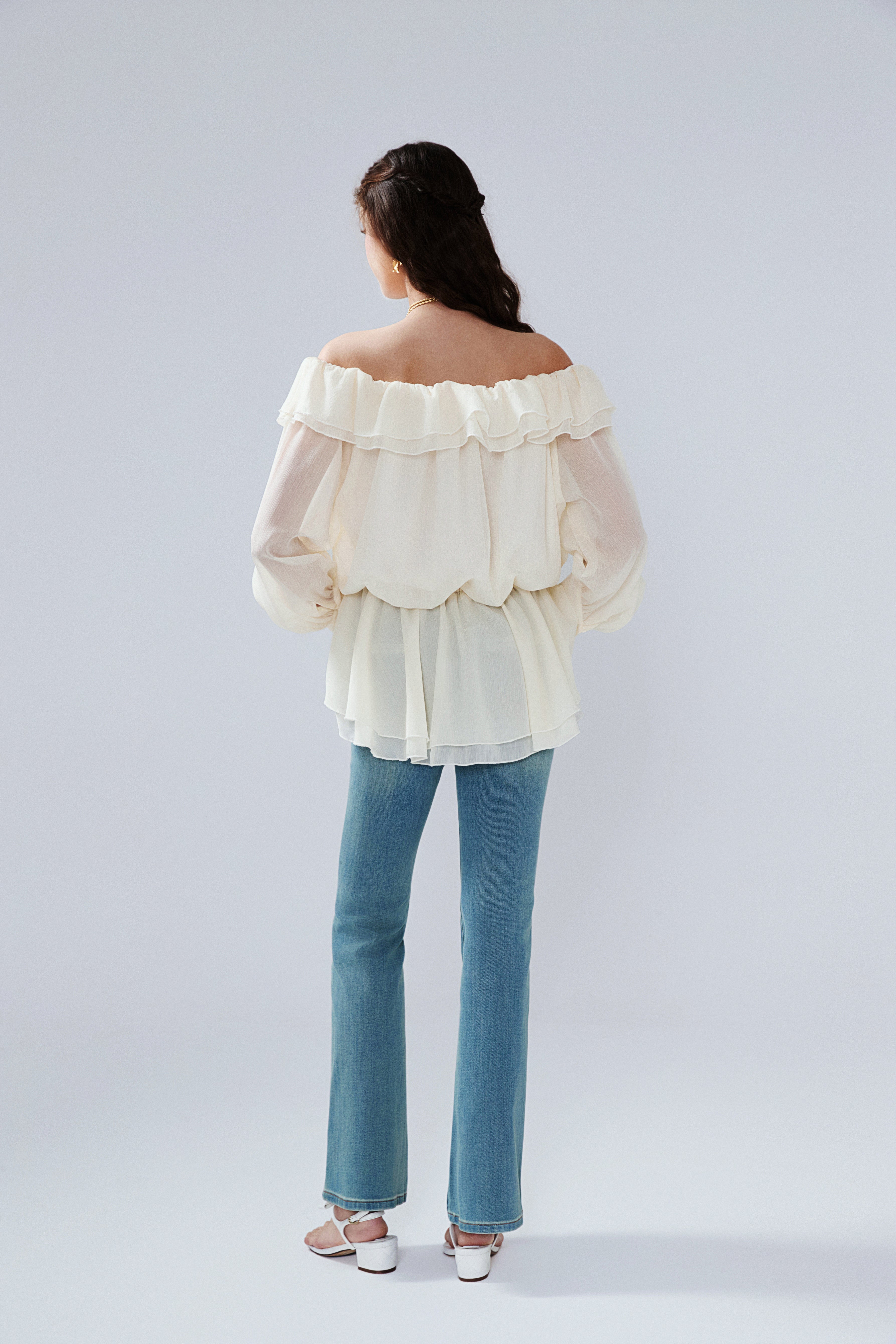 Yellow Shimmering Iris-Patterned Long-Sleeved Top