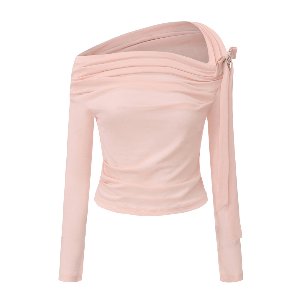Pink Off-The-Shoulder Pleated Bow Ribbon Blouse