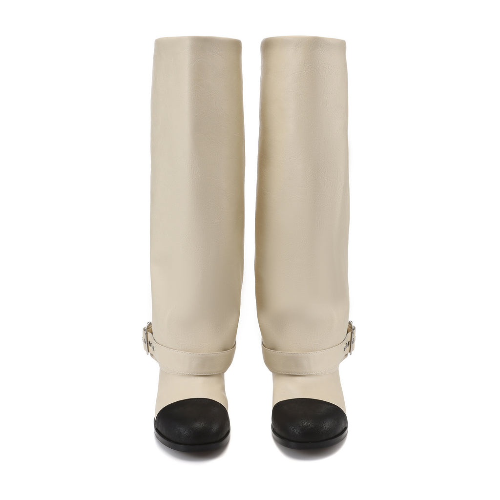 White Metal-Buckled Knee-High Boots