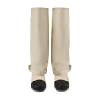 White Metal-Buckled Knee-High Boots