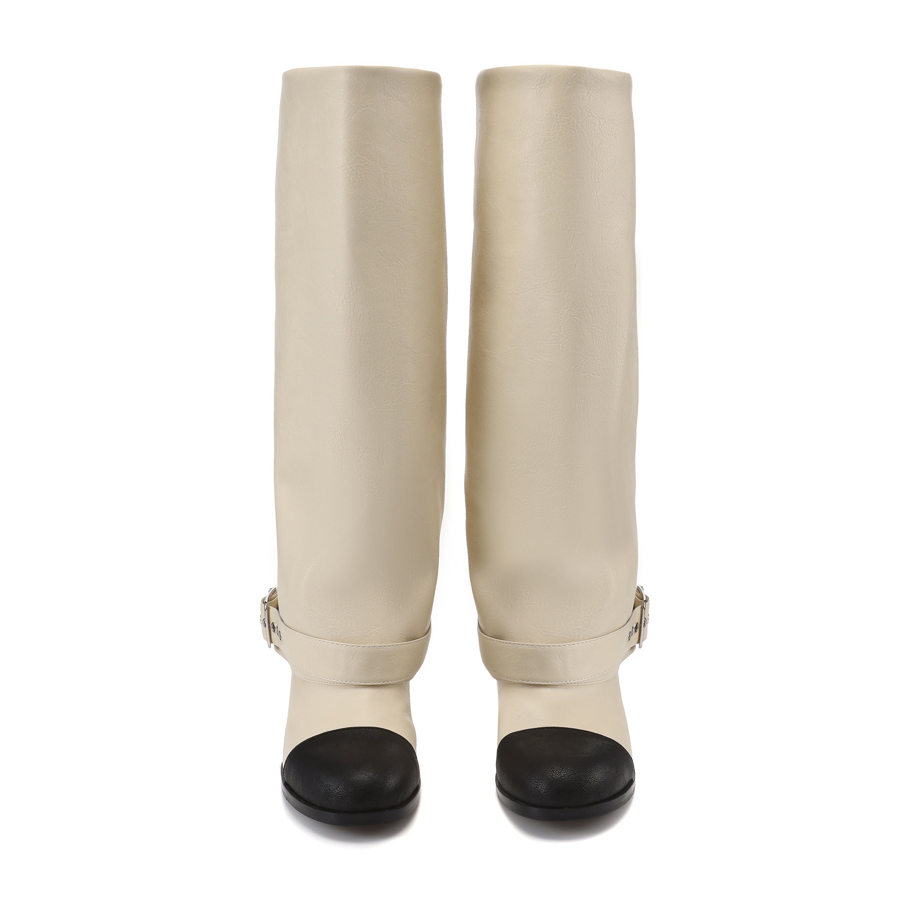 White Metal-Buckled Knee-High Boots