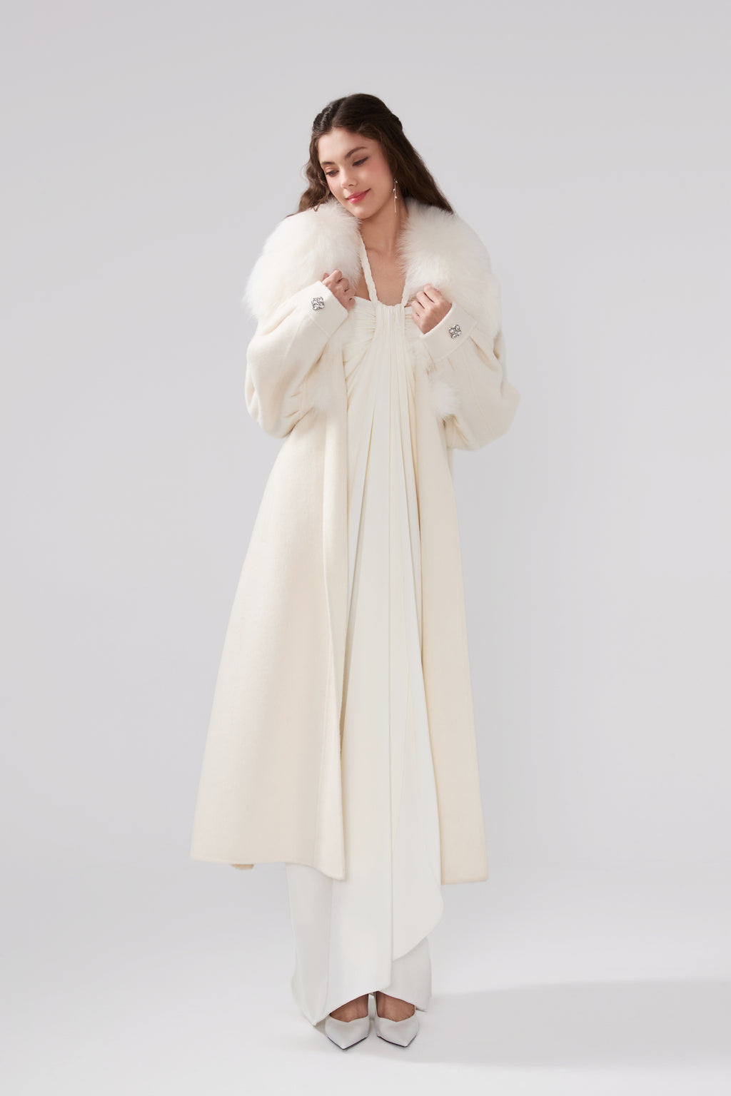 Detachable Fox Fur White Long Coat