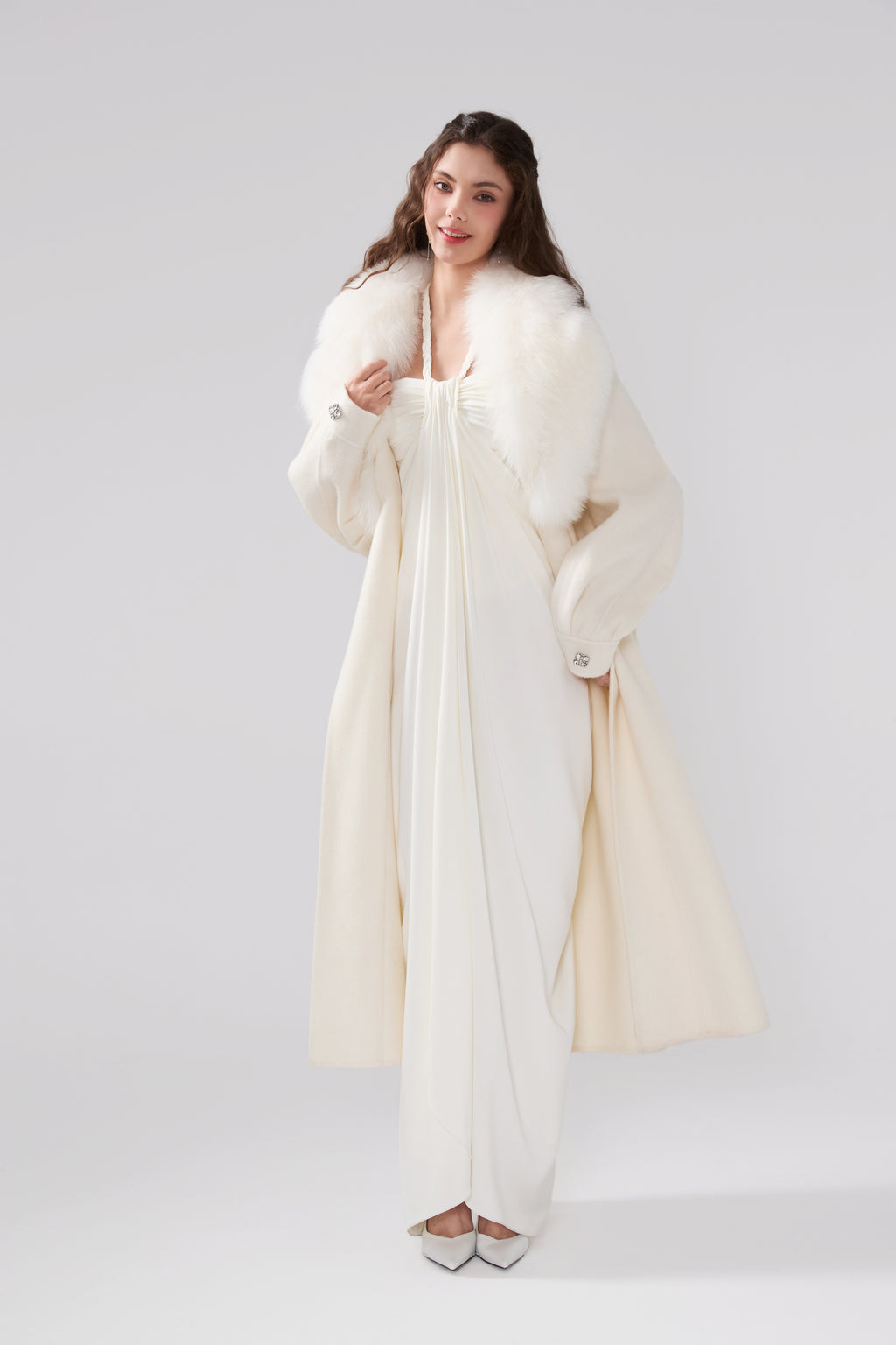 Detachable Fox Fur White Long Coat