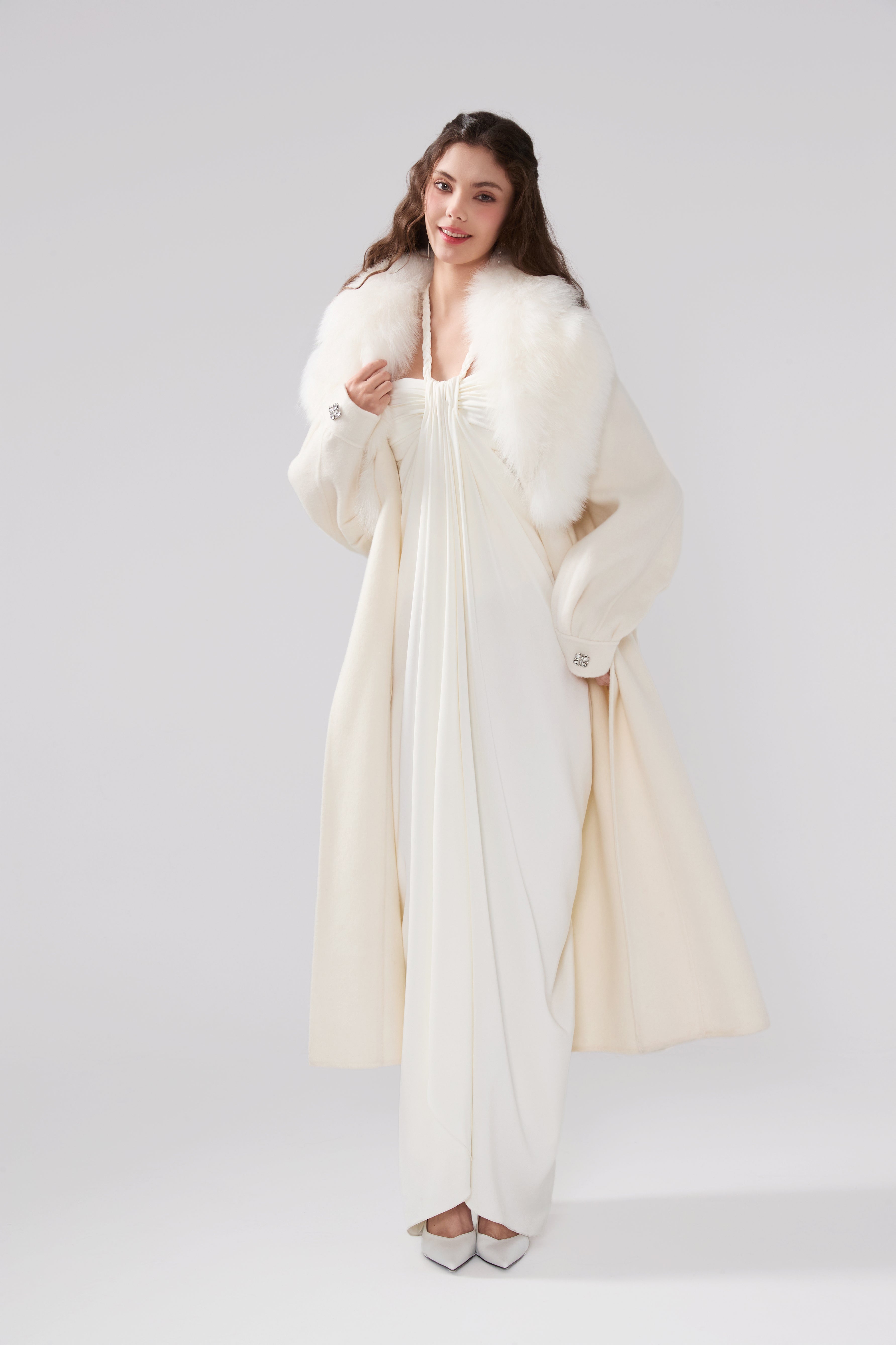Detachable Fox Fur White Long Coat