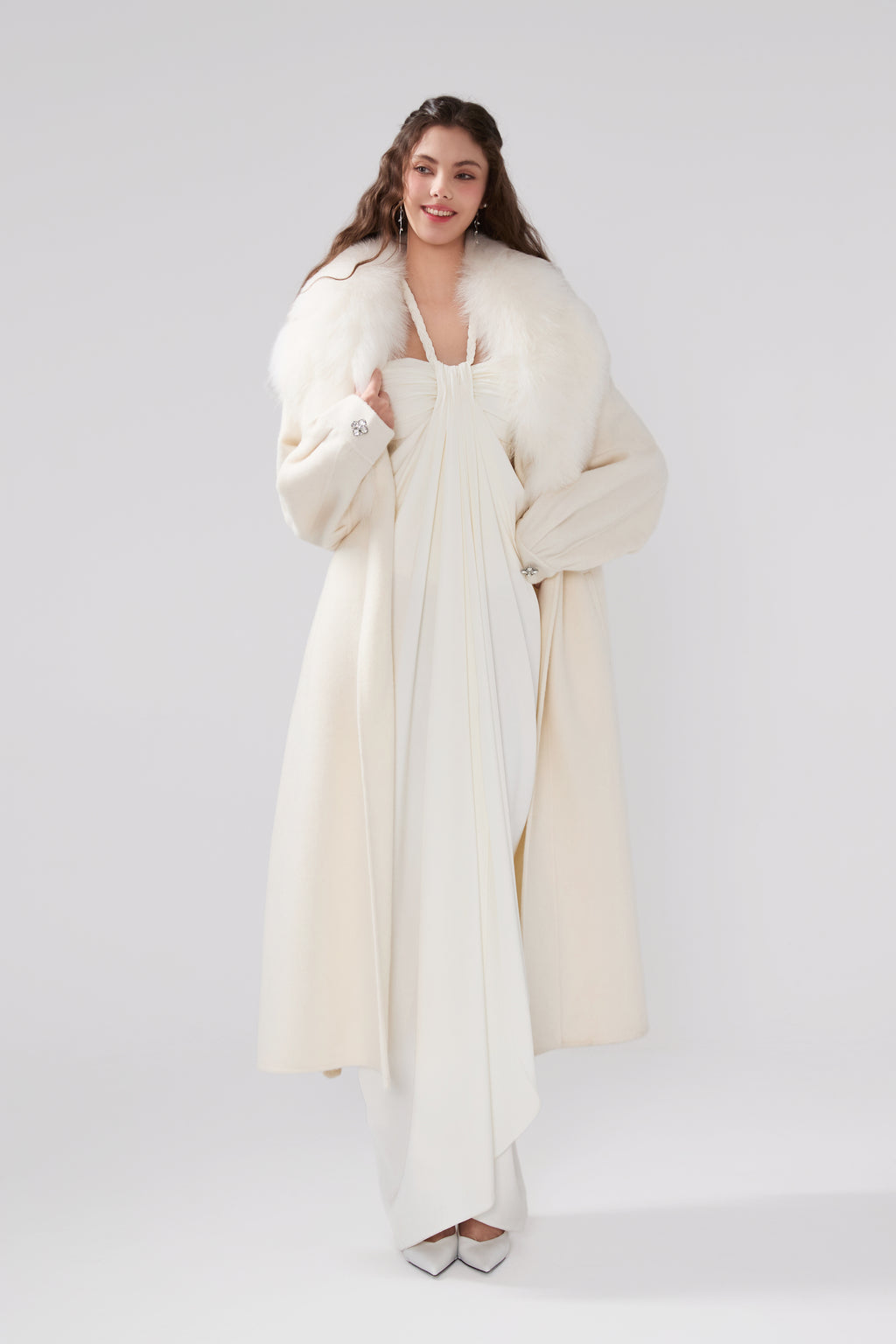 Detachable Fox Fur White Long Coat