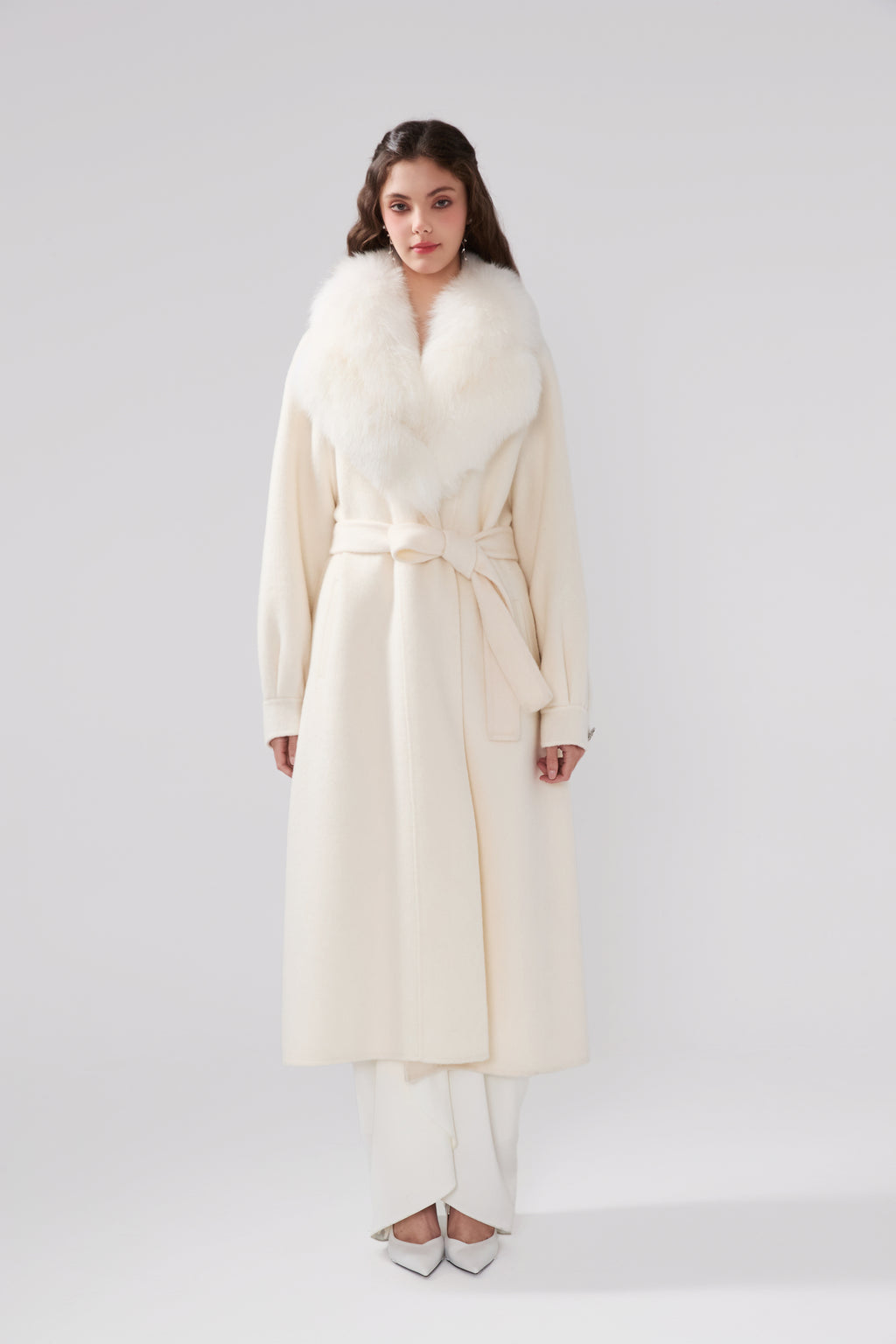 Detachable Fox Fur White Long Coat